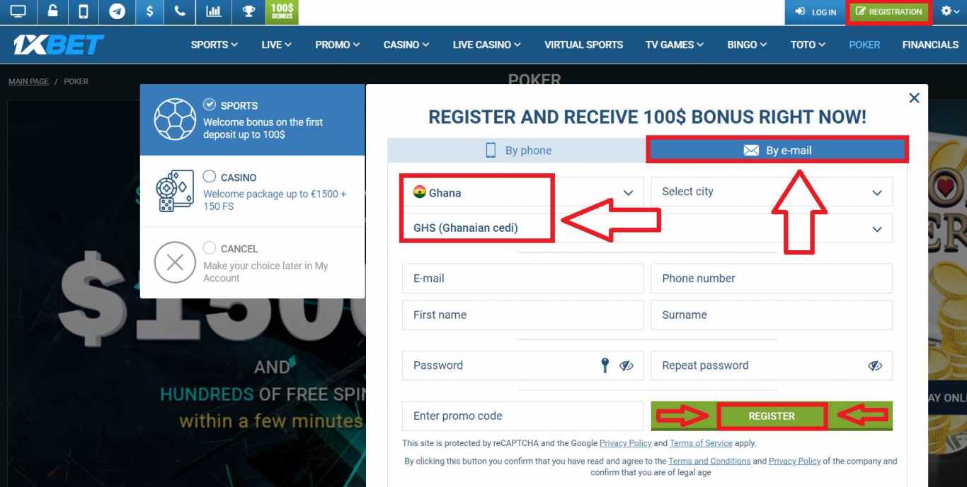 1xBet sign up e-mail